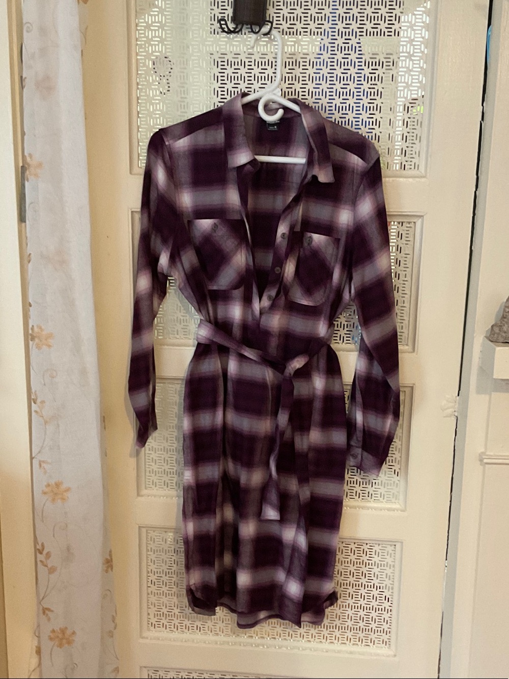 Eddie Bauer Purple Plaid Long-Sleeve Shirt Dress with Tie Belt